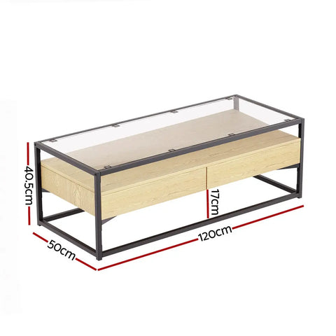 Artiss Coffee Table 2 Drawers Glass Tabletop Pine - Chez Guru