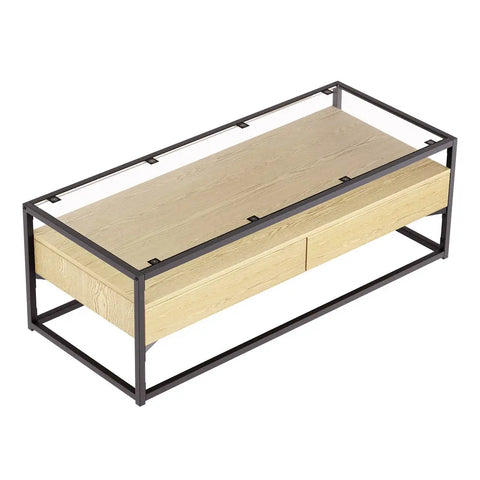 Artiss Coffee Table 2 Drawers Glass Tabletop Pine - Chez Guru