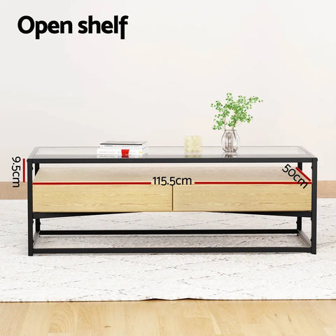 Artiss Coffee Table 2 Drawers Glass Tabletop Pine - Chez Guru