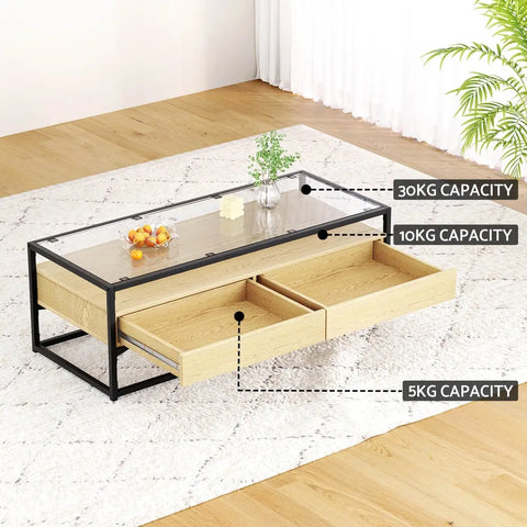 Artiss Coffee Table 2 Drawers Glass Tabletop Pine - Chez Guru