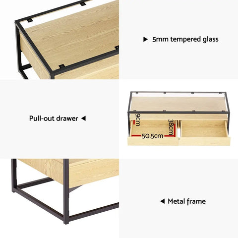 Artiss Coffee Table 2 Drawers Glass Tabletop Pine - Chez Guru
