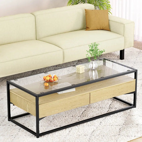 Artiss Coffee Table 2 Drawers Glass Tabletop Pine - Chez Guru