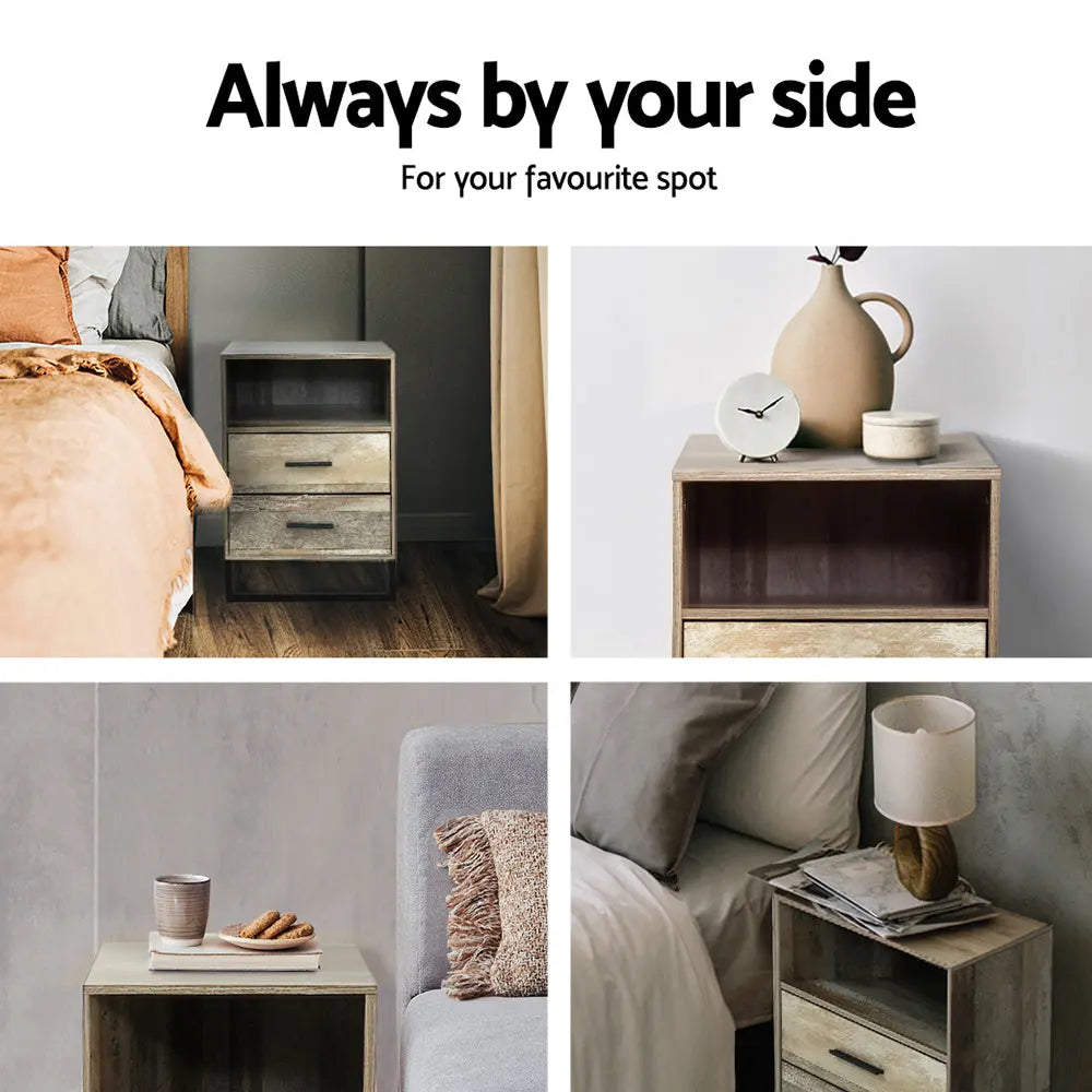 Artiss Bedside Table 2 Drawers with Shelf - BADAN - Chez Guru