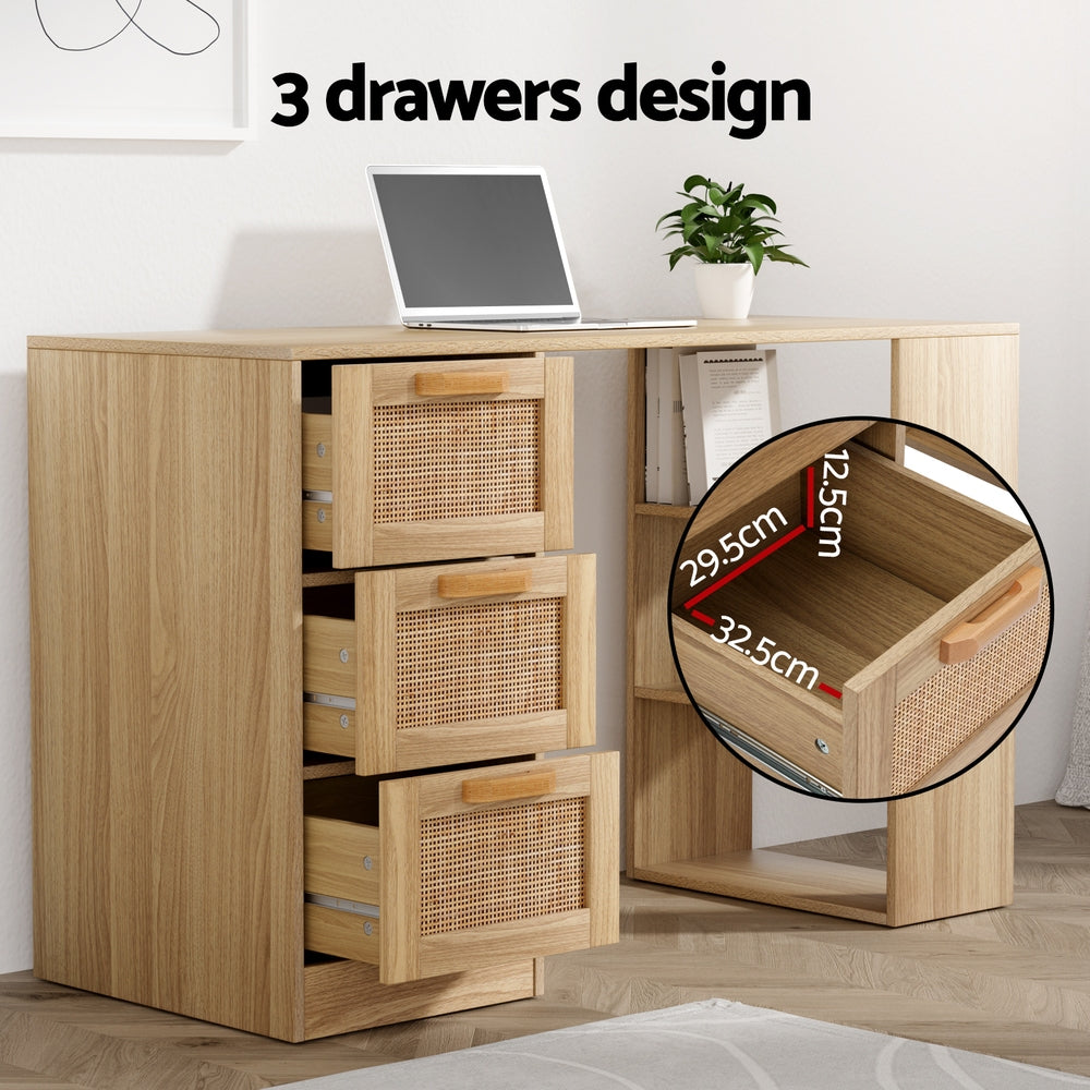 Artiss Computer Desk Drawer Shelf Home Office Study Table Rattan Oak 120CM Chez Guru