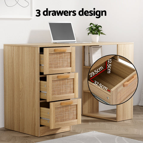 Artiss Computer Desk Drawer Shelf Home Office Study Table Rattan Oak 120CM Chez Guru