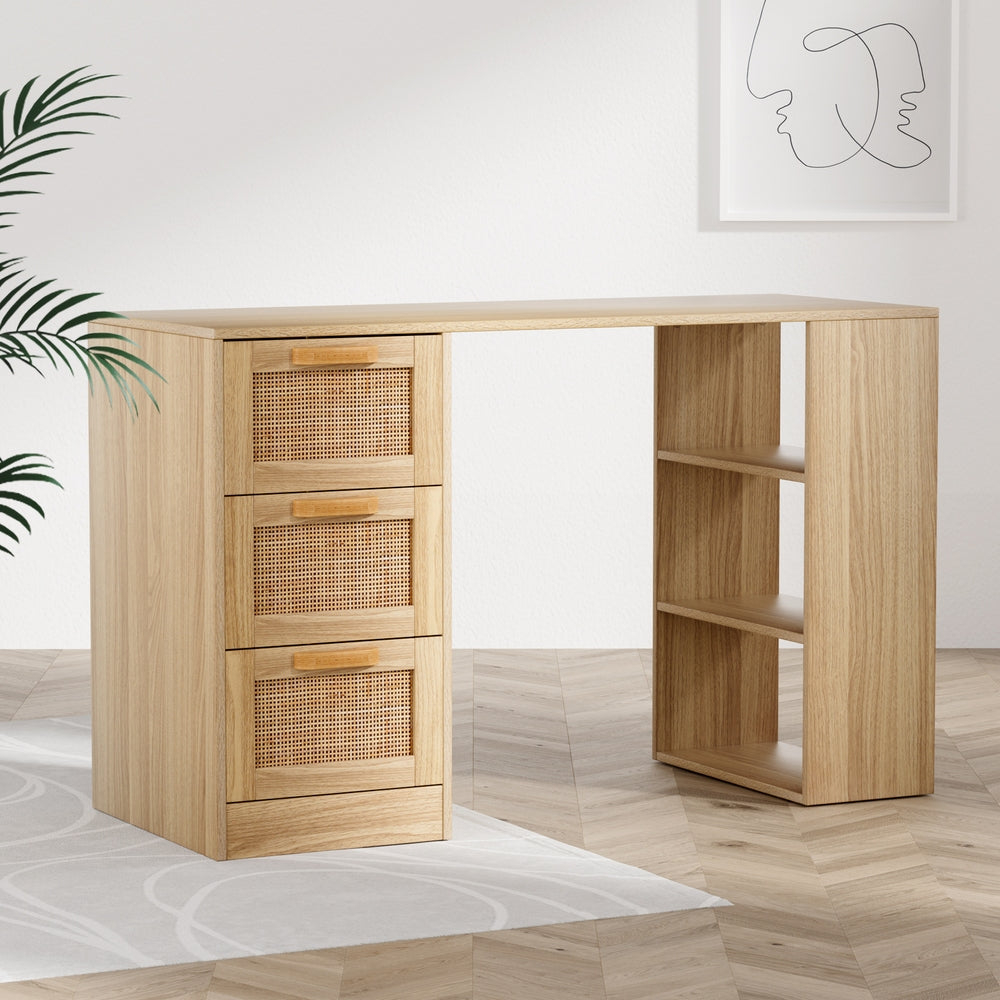 Artiss Computer Desk Drawer Shelf Home Office Study Table Rattan Oak 120CM Chez Guru