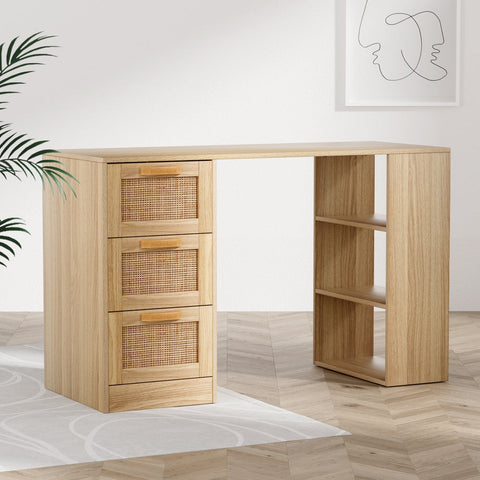 Artiss Computer Desk Drawer Shelf Home Office Study Table Rattan Oak 120CM Chez Guru