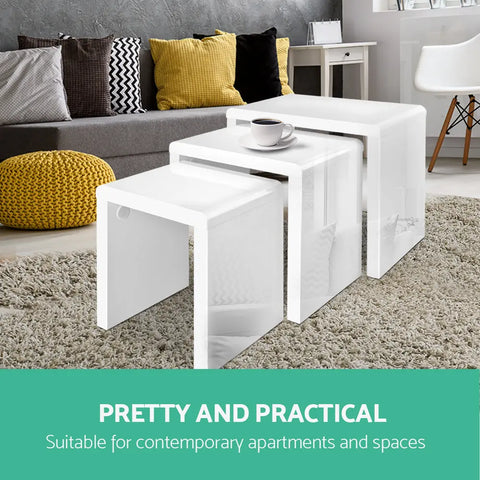 Artiss Nesting Coffee Table Set of 3 Glossy White - Chez Guru
