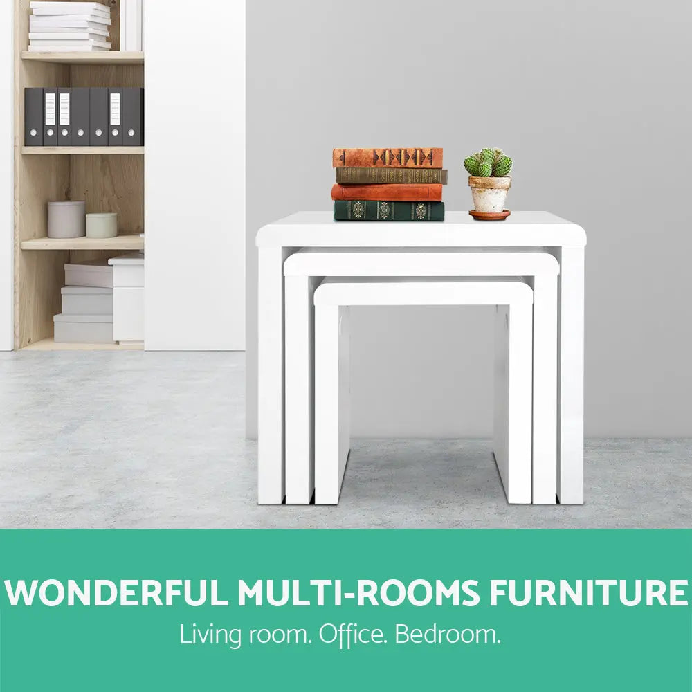 Artiss Nesting Coffee Table Set of 3 Glossy White - Chez Guru