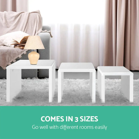 Artiss Nesting Coffee Table Set of 3 Glossy White - Chez Guru