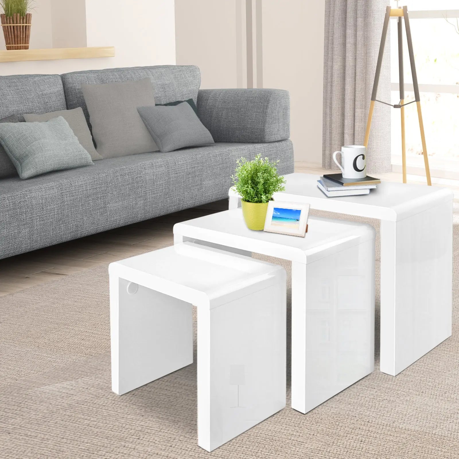 Artiss Nesting Coffee Table Set of 3 Glossy White - Chez Guru