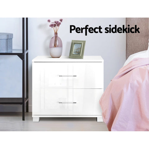 Artiss Bedside Table 2 Drawers High Gloss - White Chez Guru