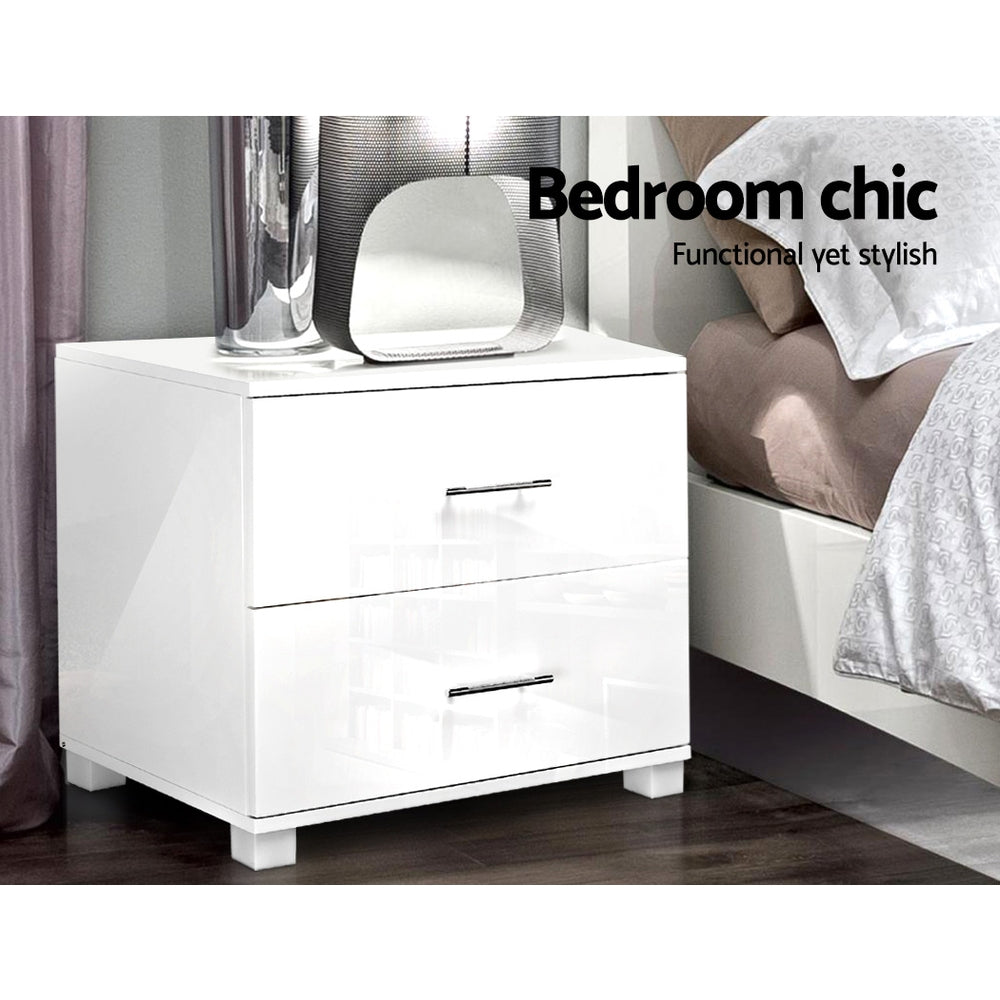 Artiss Bedside Table 2 Drawers High Gloss - White Chez Guru