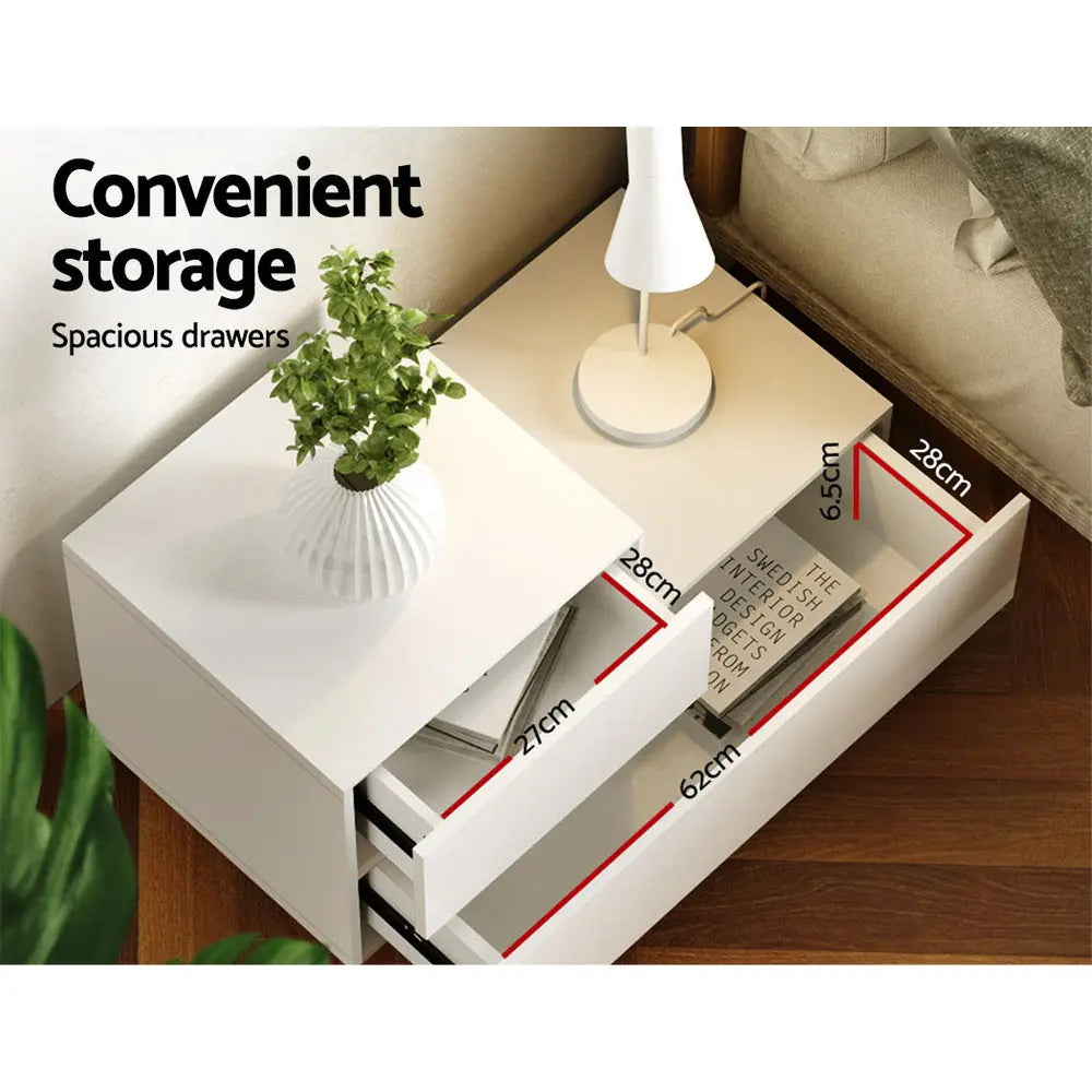 Artiss Bedside Tables LED 2 Drawers - REMI White - Chez Guru