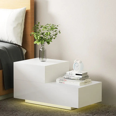 Artiss Bedside Tables LED 2 Drawers - REMI White - Chez Guru