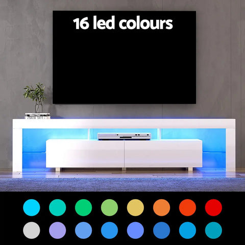 Artiss TV Cabinet Entertainment Unit Stand RGB LED Gloss Furniture 200cm White - Chez Guru