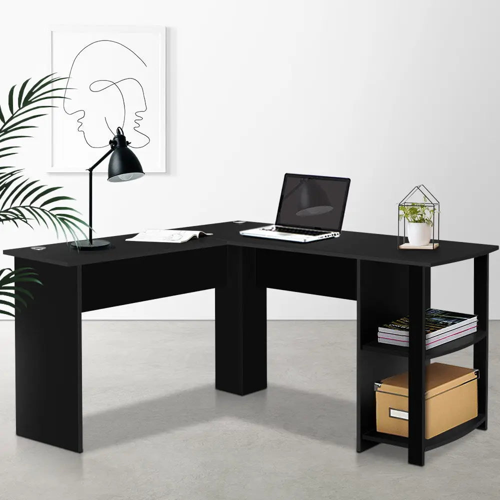 Artiss Computer Desk Shelf L-Shape Black 136CM Chez Guru
