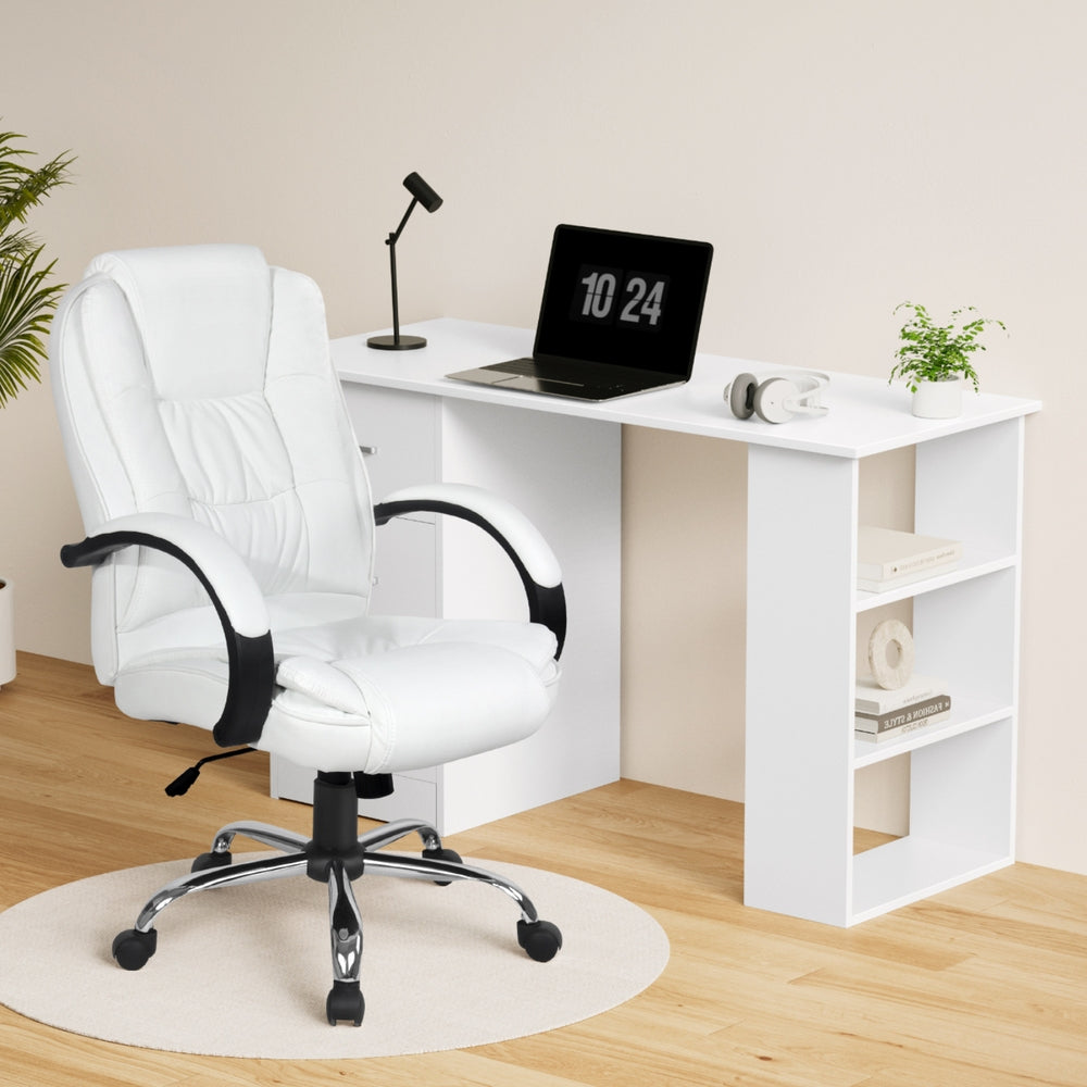 Artiss Computer Desk 120cm Executive Office Chair Set PU Leather High Back White Chez Guru