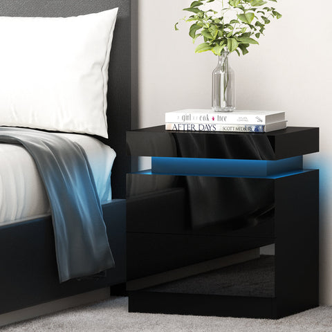 Artiss Bedside Table LED 2 Drawers Lift-up Storage - COLEY Black Chez Guru