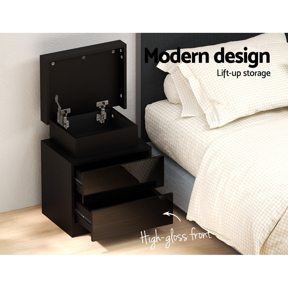Artiss Bedside Table LED 2 Drawers Lift-up Storage - COLEY Black Chez Guru