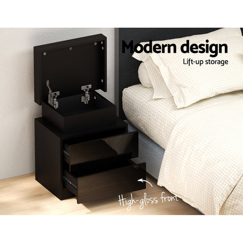 Artiss Bedside Table LED 2 Drawers Lift-up Storage - COLEY Black Chez Guru