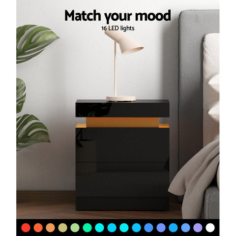 Artiss Bedside Table LED 2 Drawers Lift-up Storage - COLEY Black Chez Guru