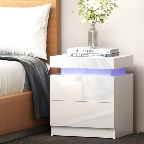 Artiss Bedside Table LED 2 Drawers Lift-up Storage - COLEY White Chez Guru