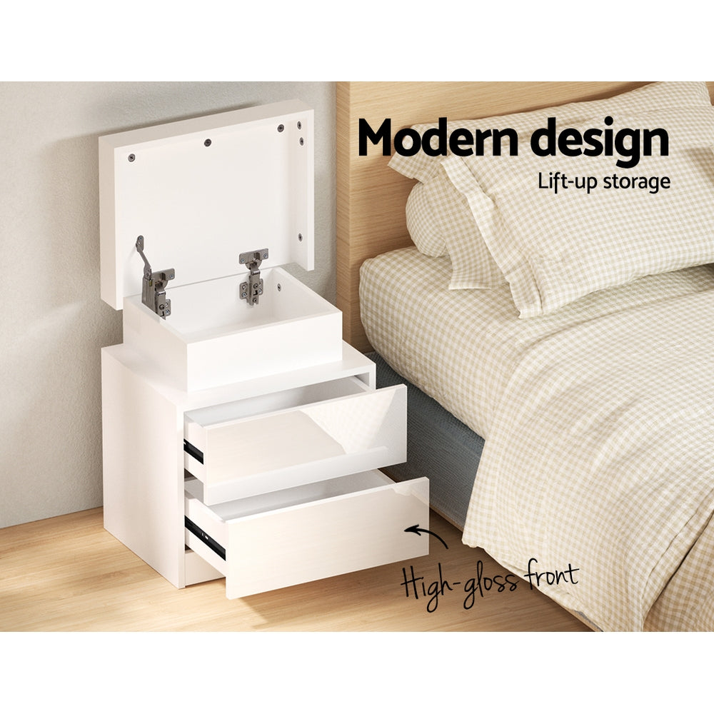 Artiss Bedside Table LED 2 Drawers Lift-up Storage - COLEY White Chez Guru