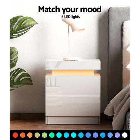 Artiss Bedside Table LED 2 Drawers Lift-up Storage - COLEY White Chez Guru
