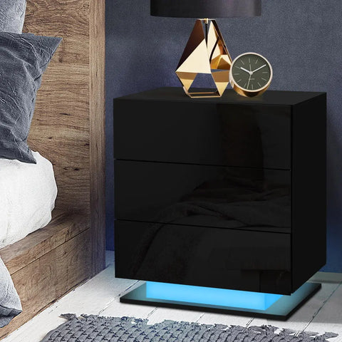 Artiss Bedside Table LED 3 Drawers - MORI Black - Chez Guru