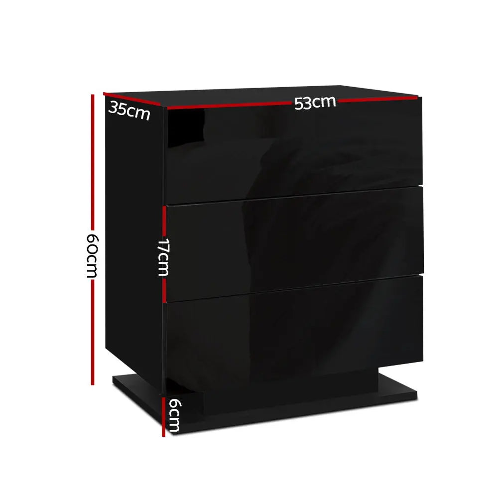 Artiss Bedside Table LED 3 Drawers - MORI Black - Chez Guru
