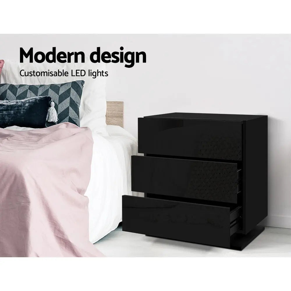 Artiss Bedside Table LED 3 Drawers - MORI Black - Chez Guru