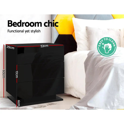 Artiss Bedside Table LED 3 Drawers - MORI Black - Chez Guru