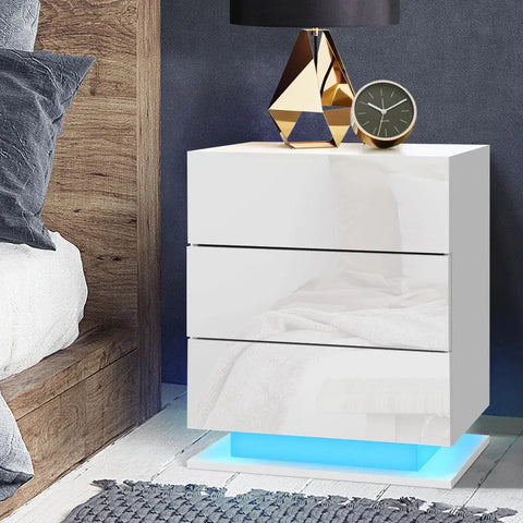 Artiss Bedside Table LED 3 Drawers - MORI White - Chez Guru
