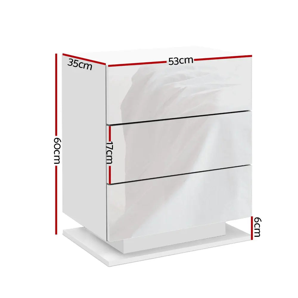 Artiss Bedside Table LED 3 Drawers - MORI White - Chez Guru