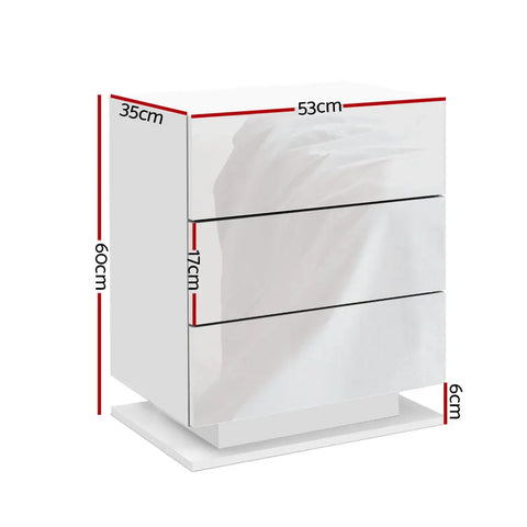 Artiss Bedside Table LED 3 Drawers - MORI White - Chez Guru