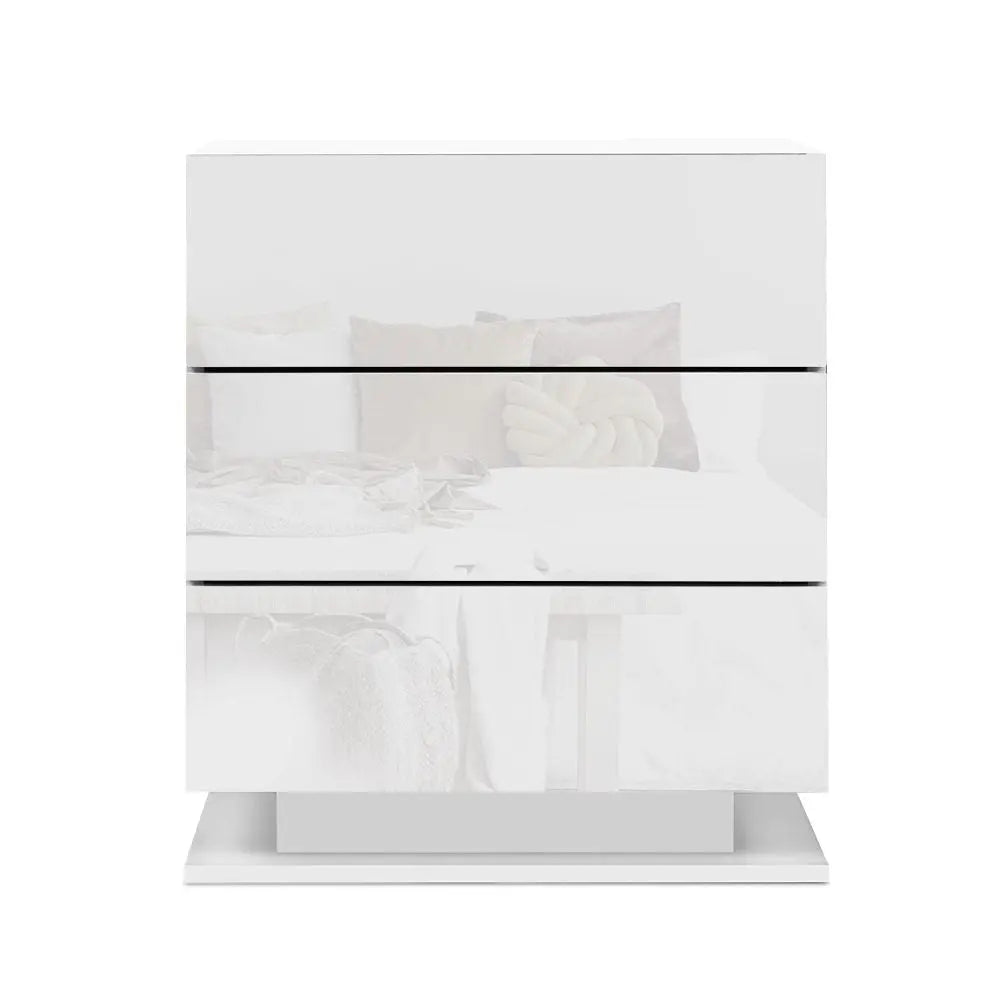 Artiss Bedside Table LED 3 Drawers - MORI White - Chez Guru