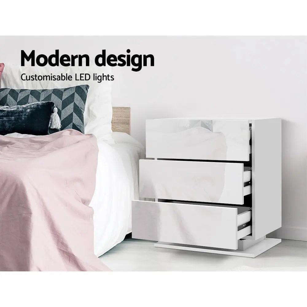 Artiss Bedside Table LED 3 Drawers - MORI White - Chez Guru