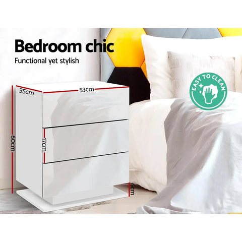Artiss Bedside Table LED 3 Drawers - MORI White - Chez Guru