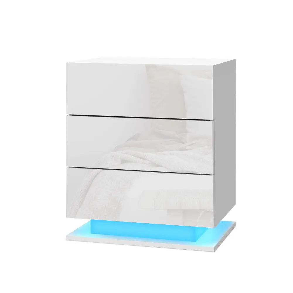Artiss Bedside Table LED 3 Drawers - MORI White - Chez Guru