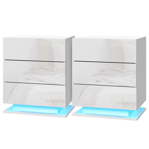 Artiss 2x Bedside Table LED 3 Drawers - MORI White