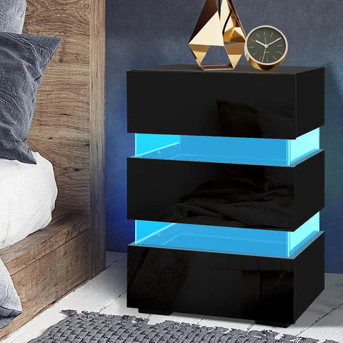 Artiss Bedside Table LED 3 Drawers - LUMI Black - Chez Guru