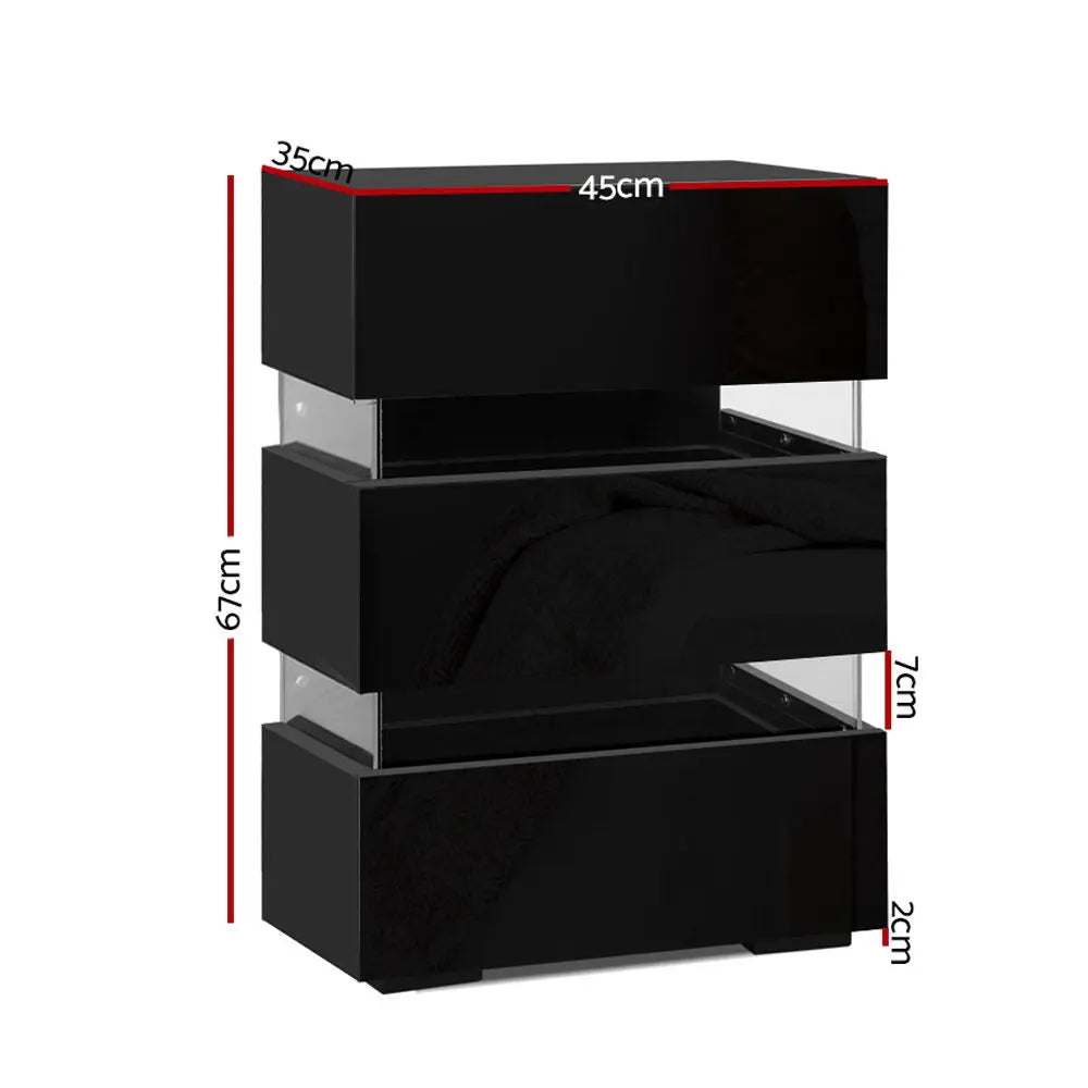 Artiss Bedside Table LED 3 Drawers - LUMI Black - Chez Guru