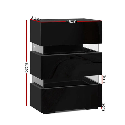Artiss Bedside Table LED 3 Drawers - LUMI Black - Chez Guru