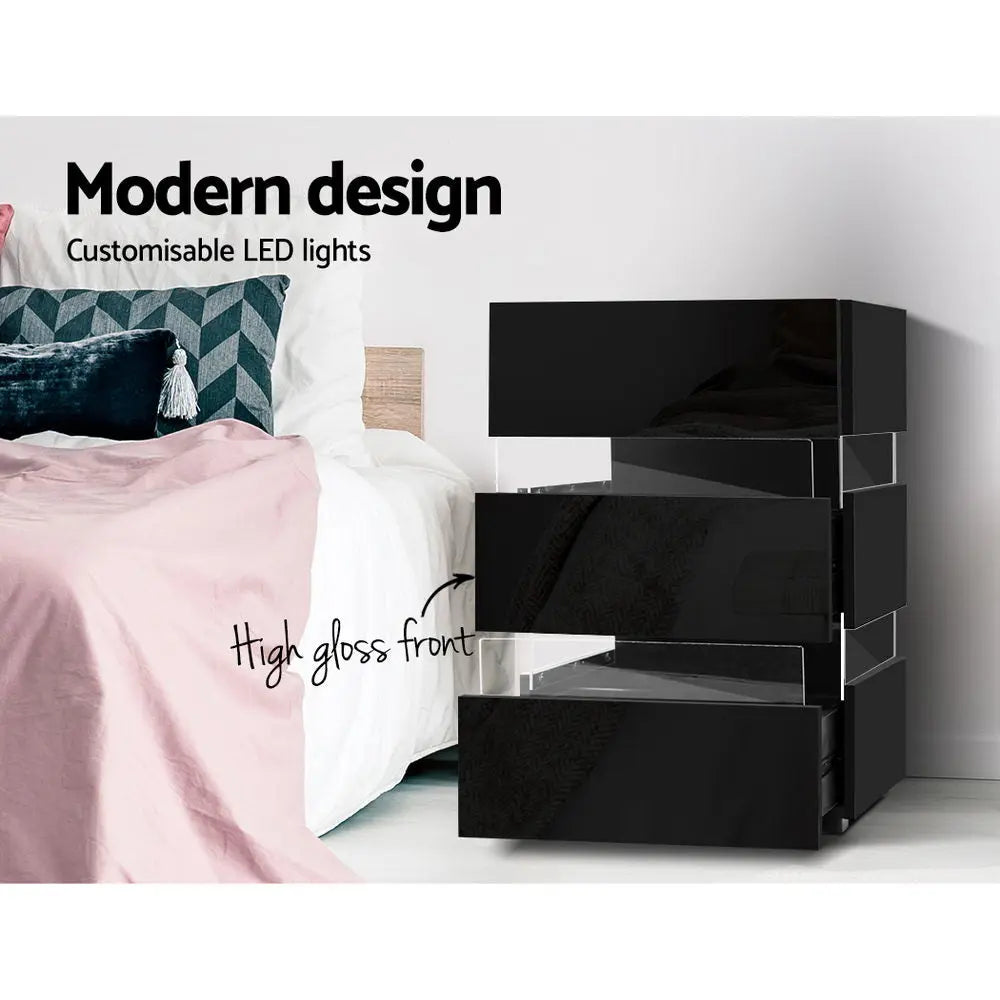 Artiss Bedside Table LED 3 Drawers - LUMI Black - Chez Guru