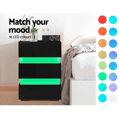 Artiss Bedside Table LED 3 Drawers - LUMI Black - Chez Guru