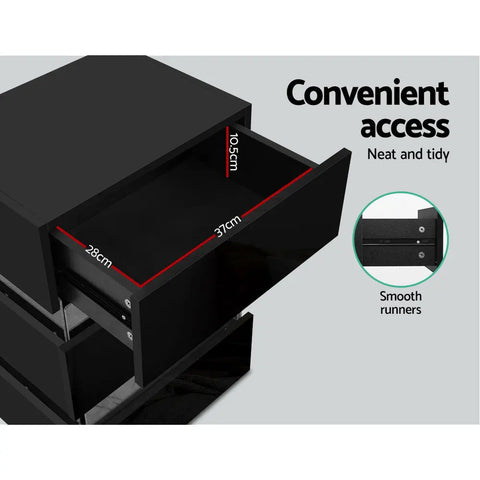 Artiss Bedside Table LED 3 Drawers - LUMI Black - Chez Guru