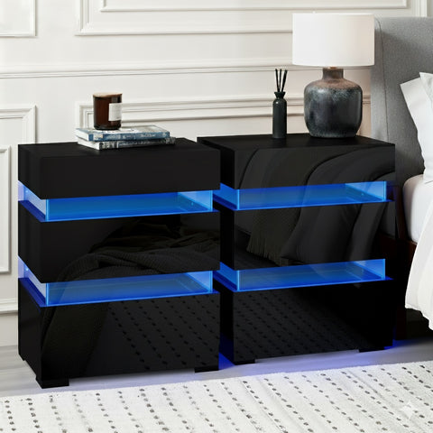 Artiss 2x Bedside Table LED 3 Drawers - LUMI Black