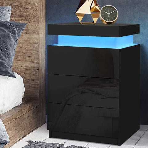Artiss Bedside Table LED 3 Drawers - COLEY Black - Chez Guru