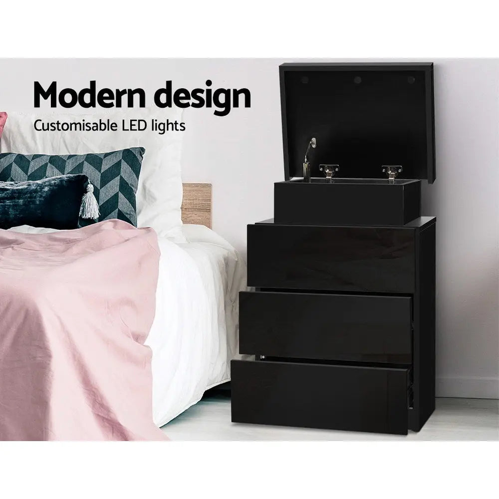 Artiss Bedside Table LED 3 Drawers - COLEY Black - Chez Guru
